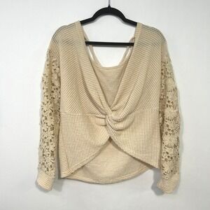 Waffle Knit Knot Front Sweater Romantic XL Beige Lace Sleeve Boho Soft‎ Indie